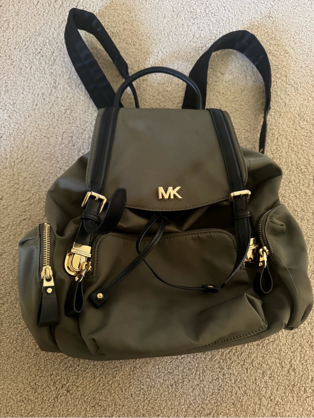 Michael Kors Olive Nylon Backpack with Gold MK Hardware